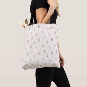 Ditsy Floral Boho Wildflower Beige Name Tote Bag