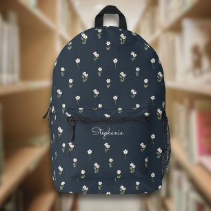 Ditsy Floral Boho Wildflower Dark Blue Name Printed Backpack