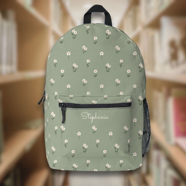 Ditsy Floral Boho Wildflower Sage Green Name Printed Backpack (Creator Uploaded)