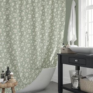 Ditsy Floral Muted Neutral Cottagecore Sage Green Shower Curtain