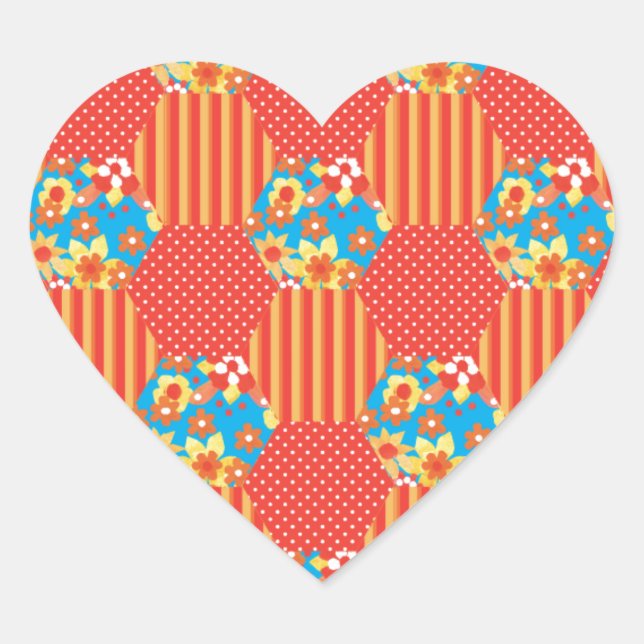Ditsy Floral, Stripes, Polka Dots Patchwork Heart Sticker (Front)
