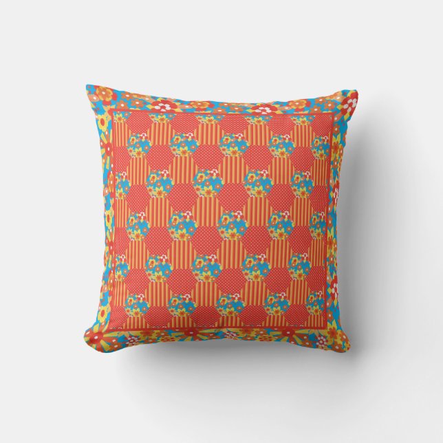 Ditsy Orange Floral Patchwork, Stripes and Polkas Cushion (Front)