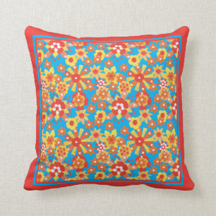 Ditsy Red, Orange, Yellow Flowers on Turquoise Cushion