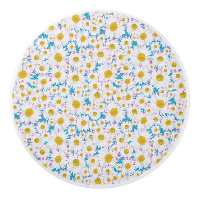 Ditzy Daisies on Blue Custom Ceramic Drawer Knob (Front)