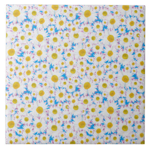 Ditzy Daisies on Blue Custom Ceramic Tile