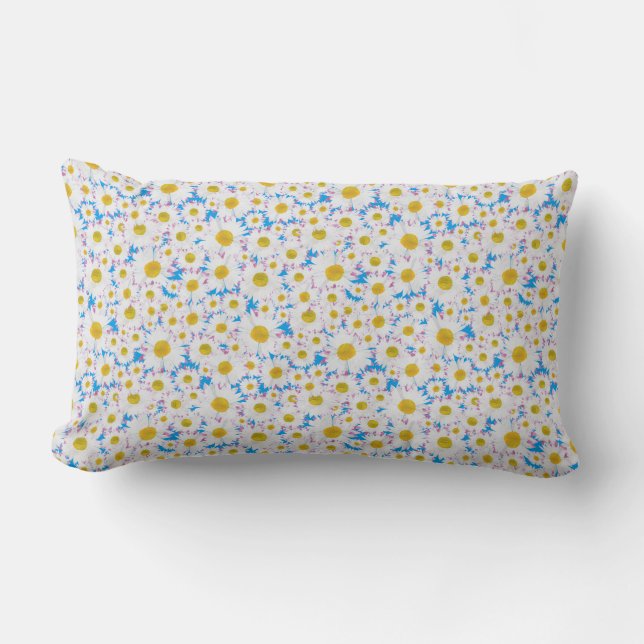 Ditzy Daisies on Blue Custom Lumbar Pillow (Front)