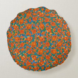 Ditzy Orange Fish on Green and Blue Round Pillow