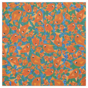 Ditzy Orange Fishes Pattern on Blue Green Fabric