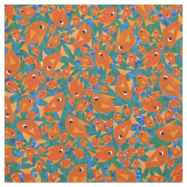 Ditzy Orange Fishes Pattern on Blue Green Fabric (Swatch)