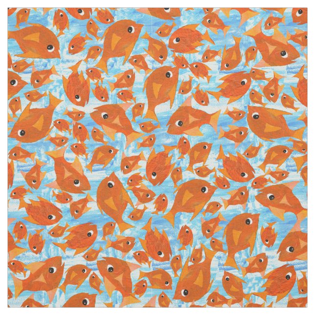 Ditzy Orange Fishes Pattern on Watery Blue Fabric (Swatch)