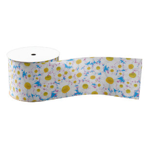 Ditzy White Daisies, Blue Custom Grosgrain Ribbon