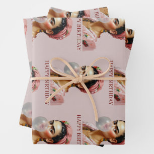 Diva blowing bubble gum Happy Birthday Wrapping Paper Sheet