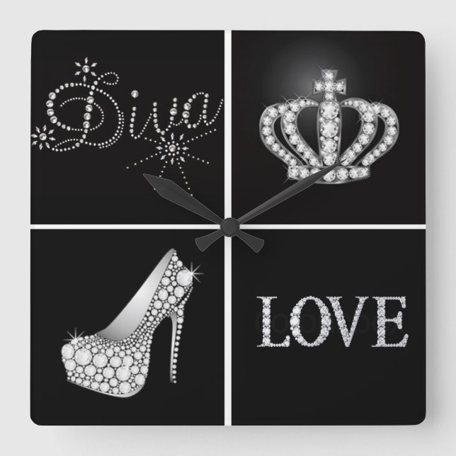 Diva Crown High Heel Love Collage Square Wall Clock (Front)