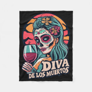 Diva De Los Muertos Womens Skeleton Halloween Part Fleece Blanket