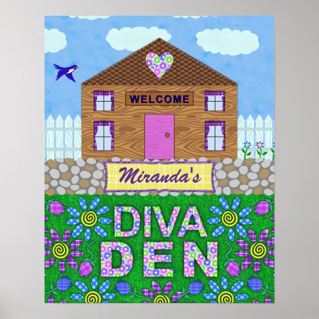 Diva Den Woman Cave Garden Hut Personalised Name Poster (Front)
