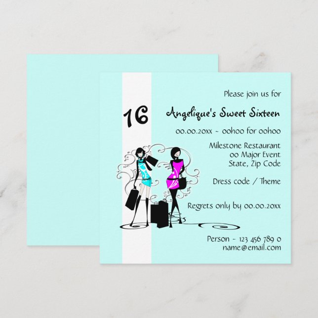 Diva girls sweet sixteen fashion model | Blue chic Invitation (Front/Back)