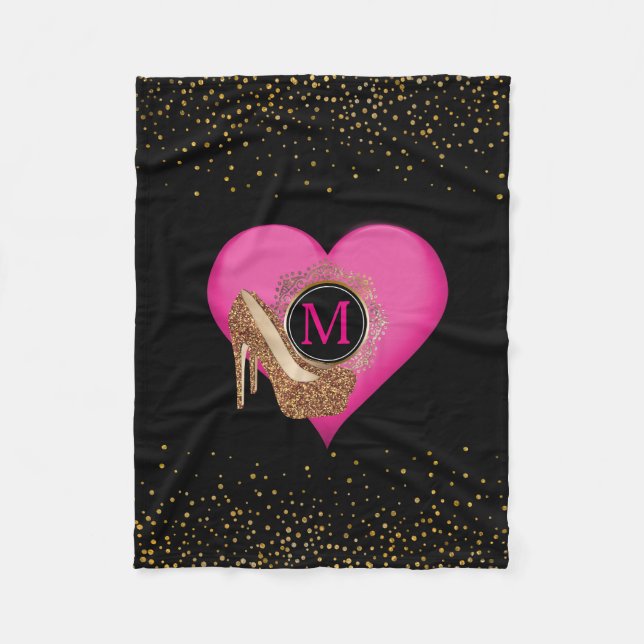 Diva High Heels | Chic Black Gold Glitter Confetti Fleece Blanket (Front)