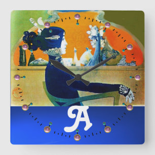 DIVA IN BLUE ,BEAUTY FASHION MONOGRAM SQUARE WALL CLOCK