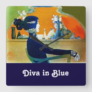 DIVA IN BLUE ,BEAUTY FASHION SQUARE WALL CLOCK