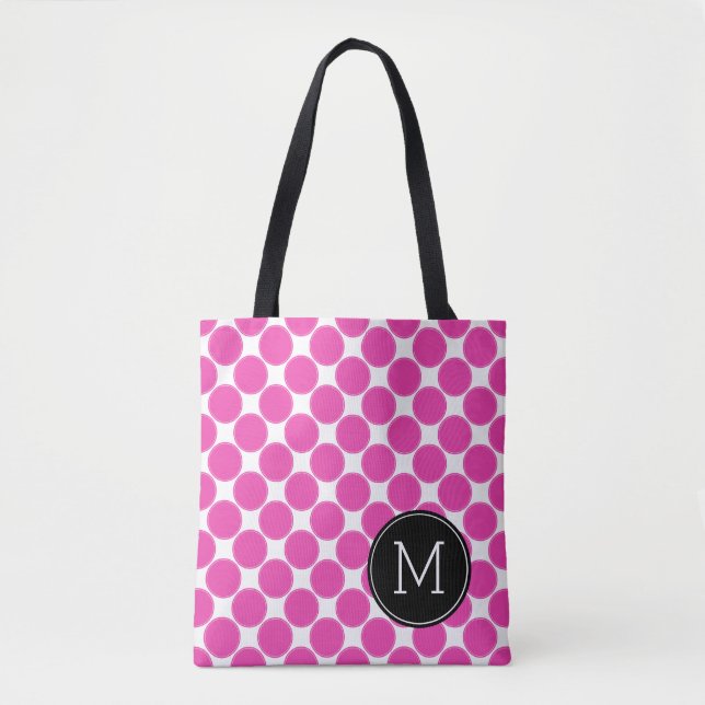 Diva Pink and White Polka Dots with Black Monogram Tote Bag (Front)
