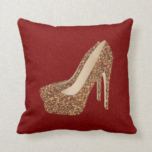 Diva Red Glitter Bling Glam Gold High Heel Shoes Cushion