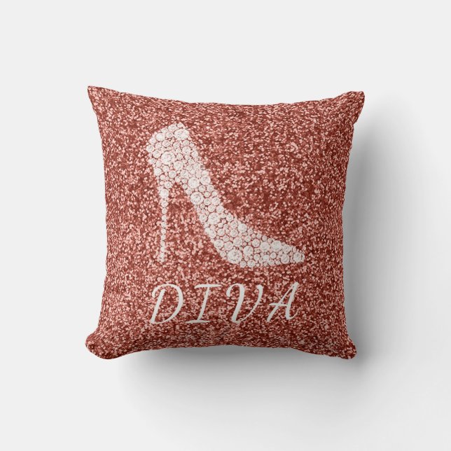 Diva Rose Gold Glitter Diamond High Heel Shoes Cushion (Front)