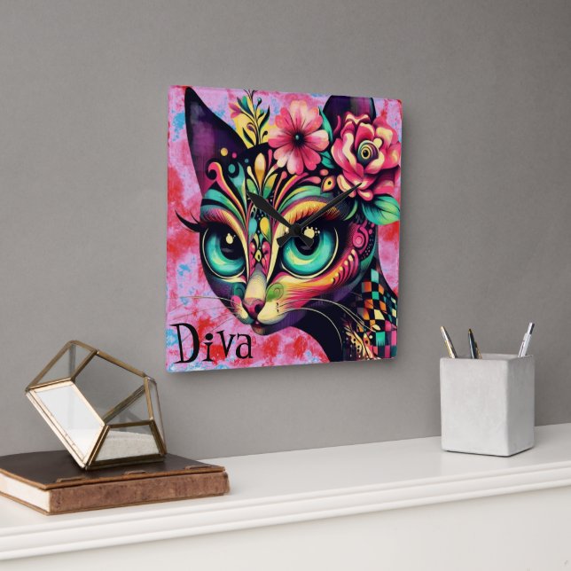 Diva Whimsical Big-Eye Cat Kitty Floral  Square Wall Clock (Office)
