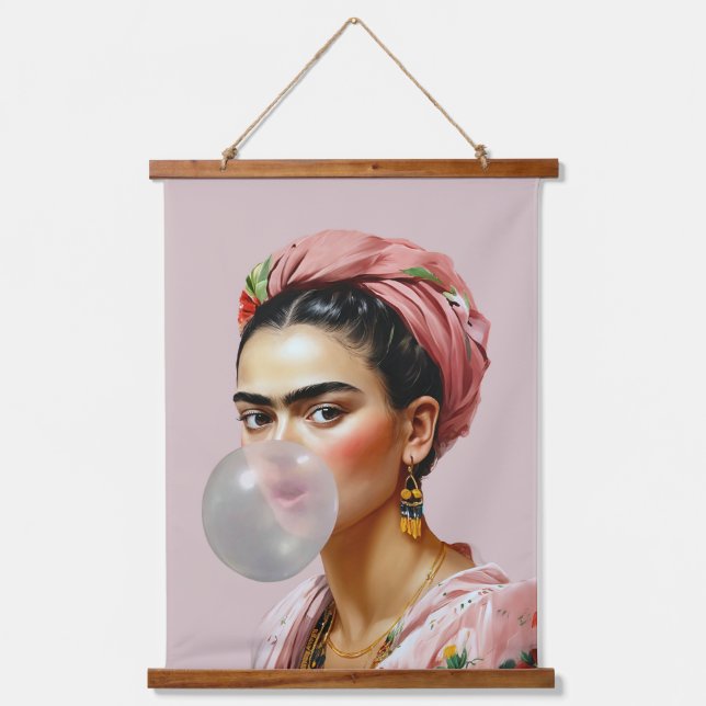 Diva with floral scarf blowing bubble gum hanging tapestry (Front)