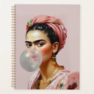 Diva with floral scarf blowing bubble gum planner