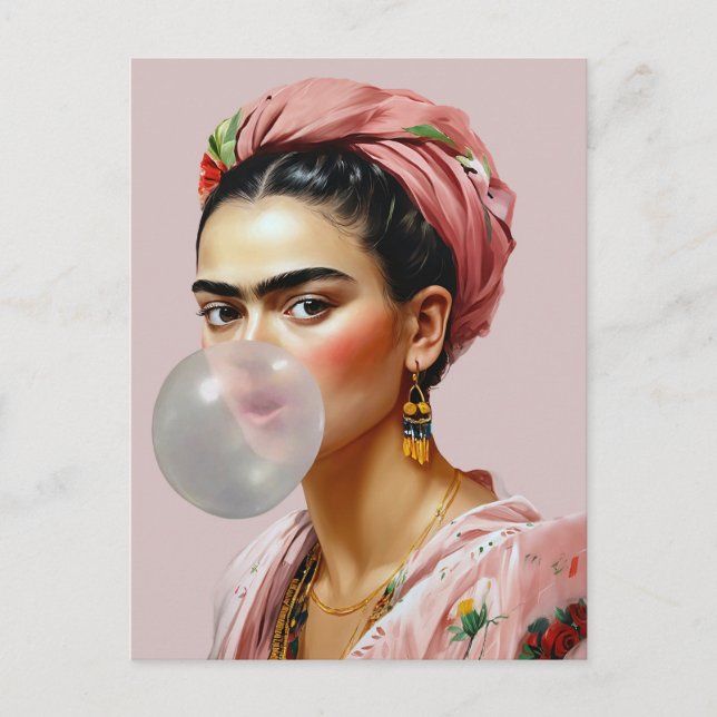 Diva with floral scarf blowing bubble gum  postcard (Front)