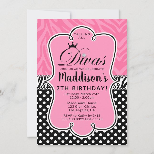 Diva Zebra Pink and Black Girl's Birthday Party Invitation (Front)