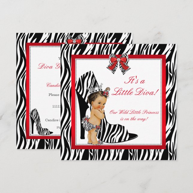 Diva Zebra Princess Girl Baby Shower Brunette Invitation (Front/Back)