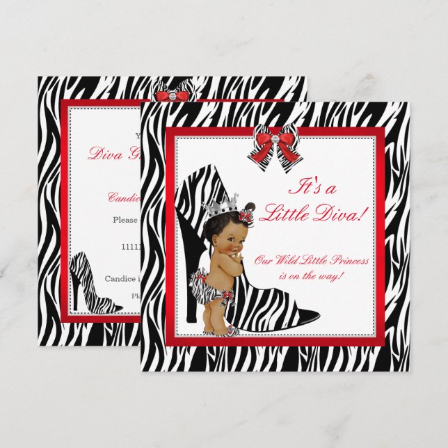 Diva Zebra Princess Girl Baby Shower Ethnic Invitation (Front/Back)