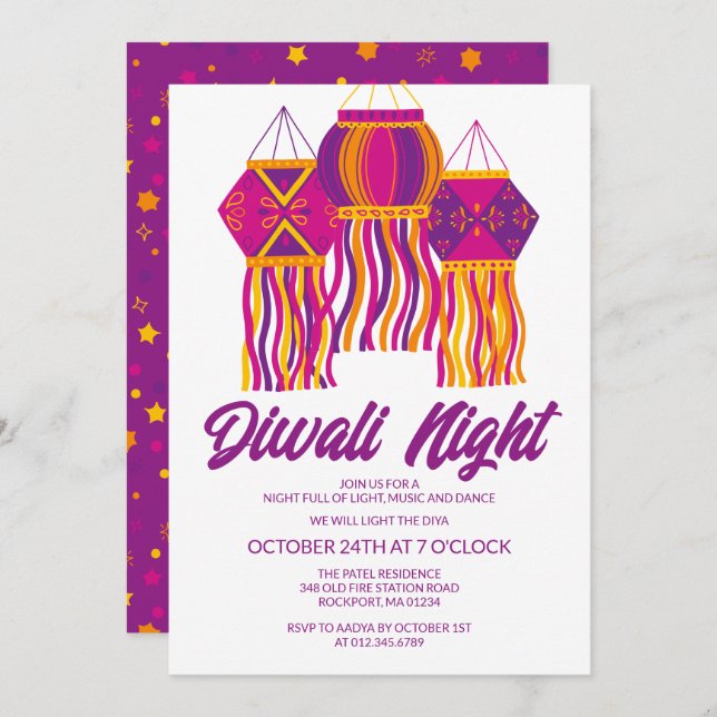 Divali Party Purple Pink Lantern Festive Invitation (Front/Back)
