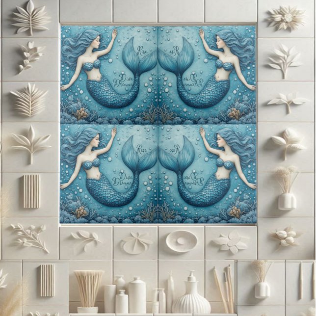 Dive Dream Rise Ocean Mermaid Aqua blue Coral Reef Ceramic Tile (Dive Dream Rise Ocean Mermaid Aqua blue Coral Reef Ceramic Tile)