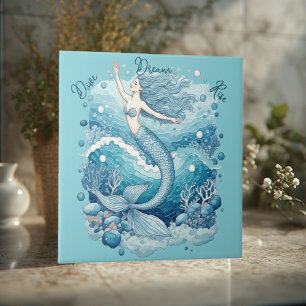 Dive Dream Rise Ocean Mermaid Aquablue Empowerment Ceramic Tile