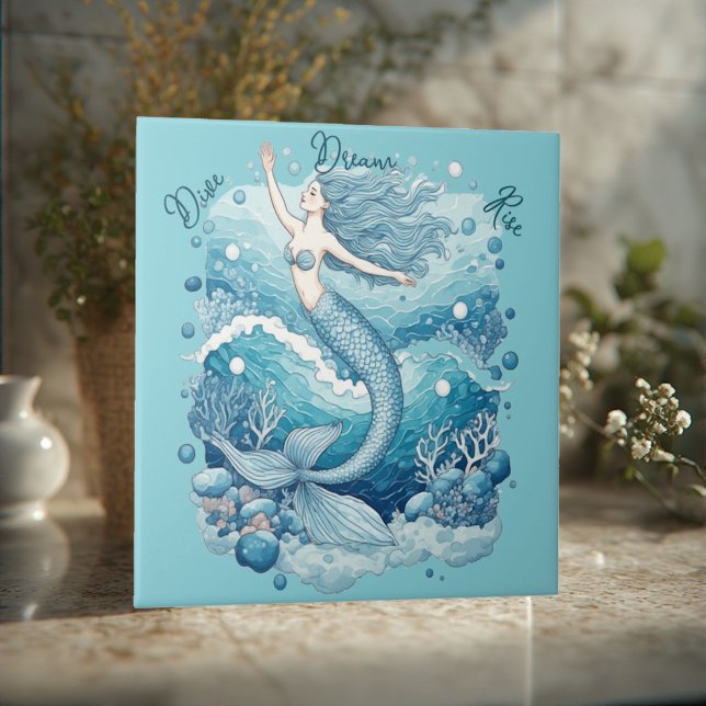 Dive Dream Rise Ocean Mermaid Aquablue Empowerment Ceramic Tile (Dive Dream Rise Ocean Mermaid Aquablue Empowerment Ceramic Tile)