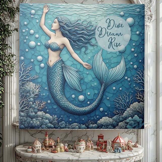 Dive Dream Rise Ocean Mermaid Swimmer Empowerment  Ceramic Tile (Dive Dream Rise Ocean Mermaid Swimmer Empowerment Ceramic Tile)