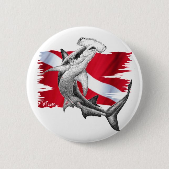 Dive flag with hammerhead shark-diver down 6 cm round badge (Front)