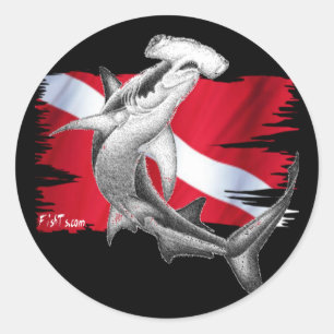 Dive flag with hammerhead shark-diver down classic round sticker