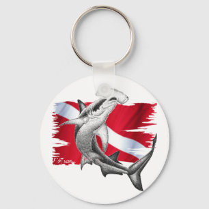 Dive flag with hammerhead shark-diver down key ring