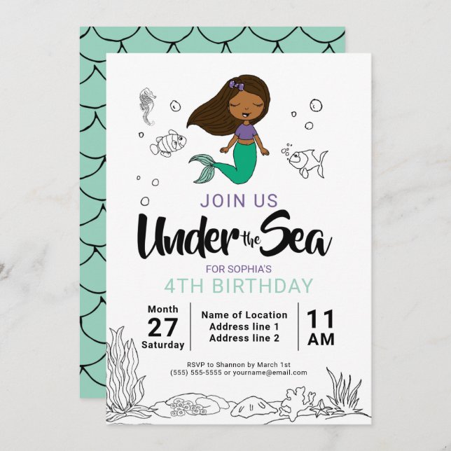 Dive In! Black Mermaid Birthday Party Invitations (Front/Back)