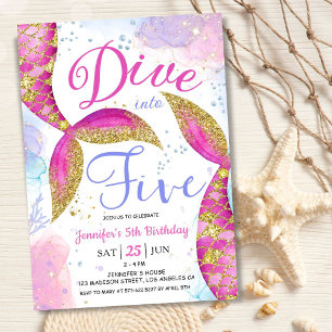 Dive in Five Girl Pink 5th Birthday Party Invitation