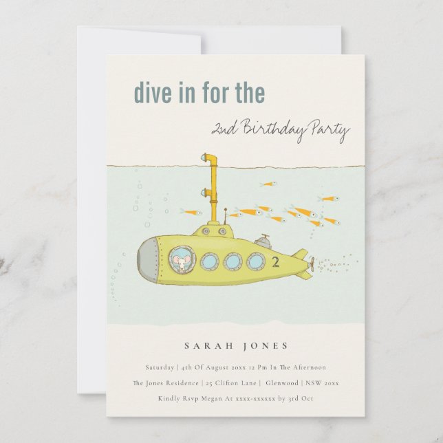 Dive In Undersea Submarine Any Age Birthday Invite (Front)