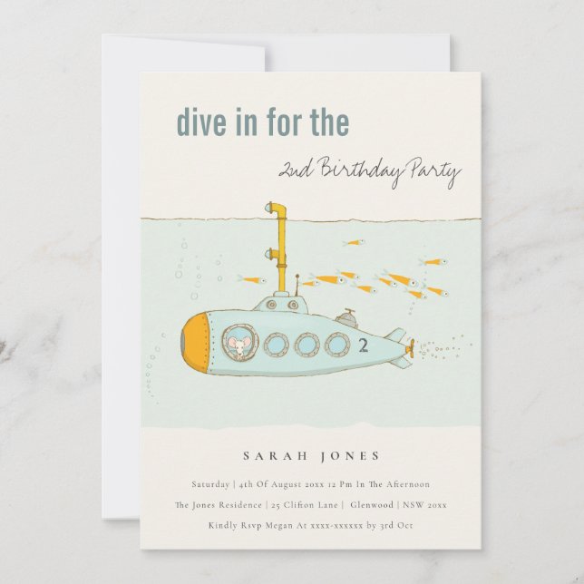 Dive In Undersea Submarine Any Age Birthday Invite (Front)