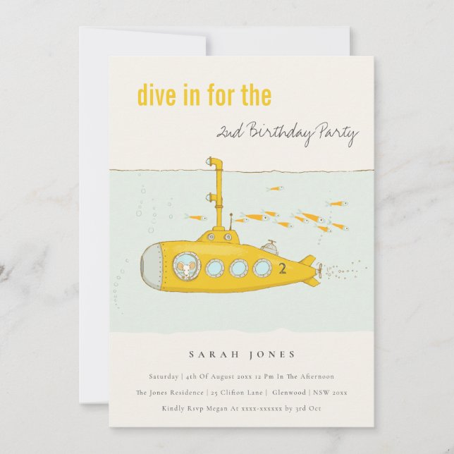 Dive In Undersea Submarine Yellow Any Age Birthday Invitation (Front)