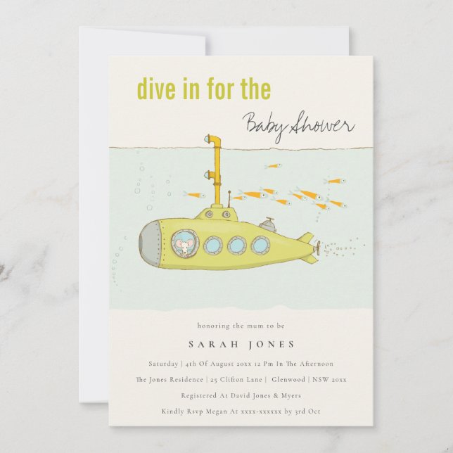 Dive In Underwater Submarine Baby Shower Invite (Front)