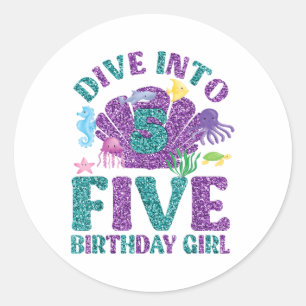 Dive Into 5 Birthday Decorations Girl 5th Birthday Classic Round Sticker