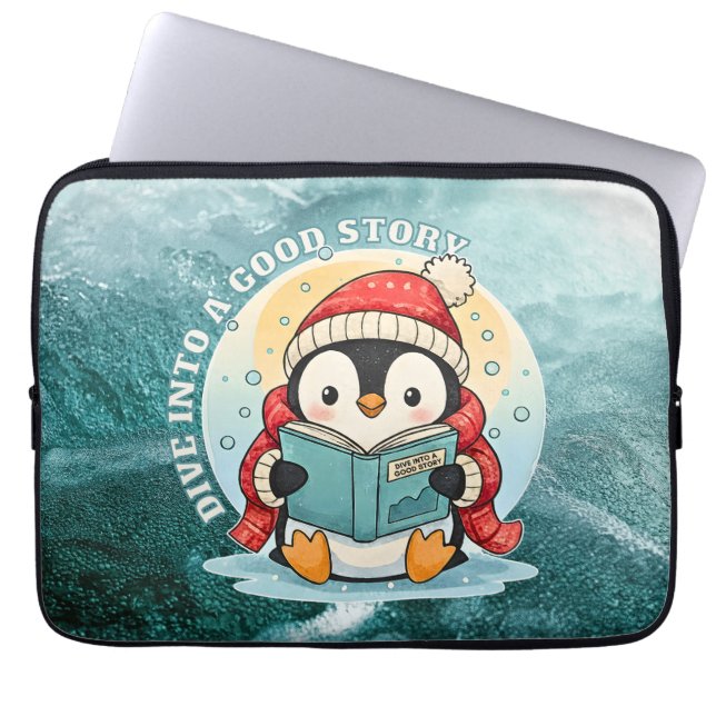 Dive Into A Good Story Penguin Metal Art Laptop Sleeve (Front)