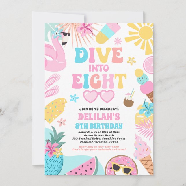 Dive Into Eight Tropical Beach 8th Birthday Party Invitation (Front)